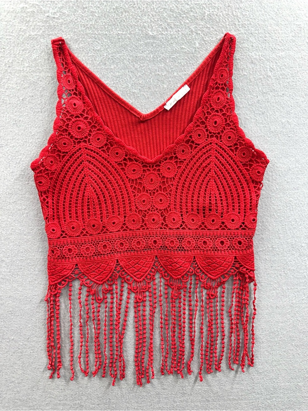 Top Show Red Crochet Floral Lace Fringe Tassel Beach Summer Crop Cami Vest Top M